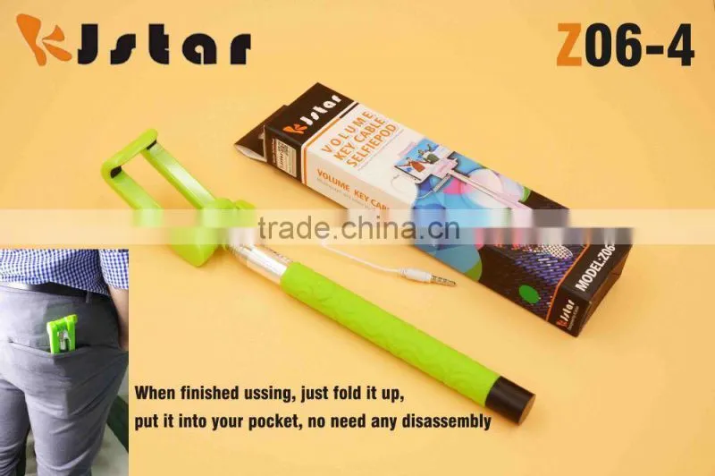 2015 hottest KJstar Z06-4 Volume Key Cable Selfie Stick with foldable designed smart phone clip