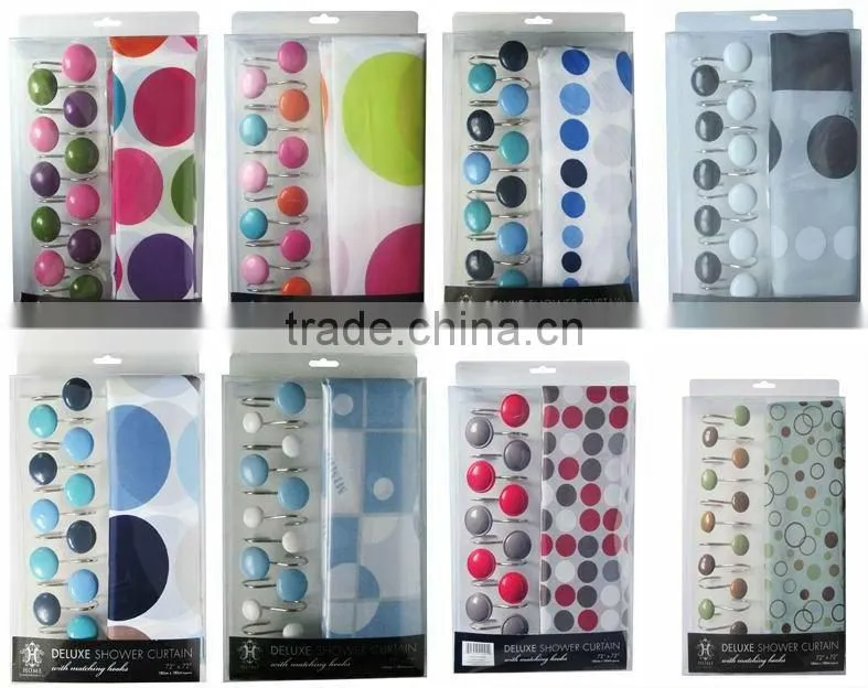 amazing design bathroom shower curtain set(fabric shower curtain and 12pcs poly resin hooks)