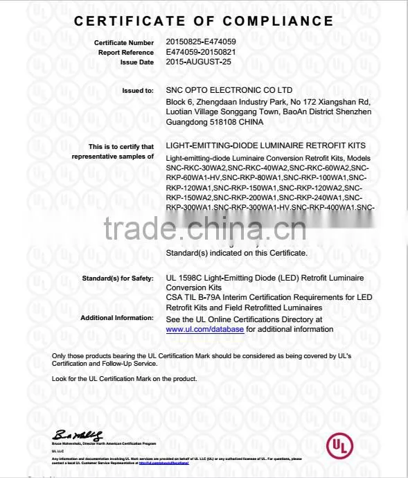 UL cUL DLC list 150w with MW driver led retrofit kit to replace traditional pole fixture