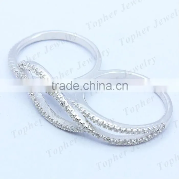 Two finger ring designs in 925 silver fashion zircon two finger ring wholesale