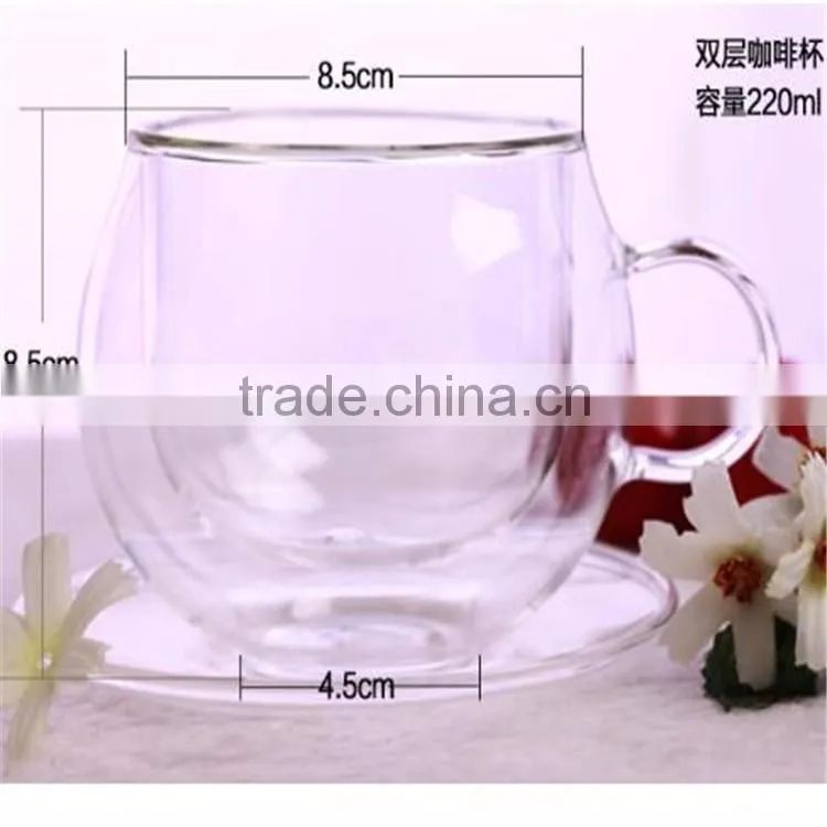 Hand made Heat resistant Borosilicate Glass double wall glass coffee cup and saucer Sets
