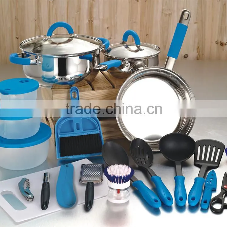 23 pcs silicone handle stainless steel non stick camping cookware kitchen set