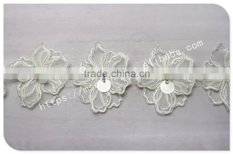 Beautiful design 8.5cm width organza flowers beaded lace in white