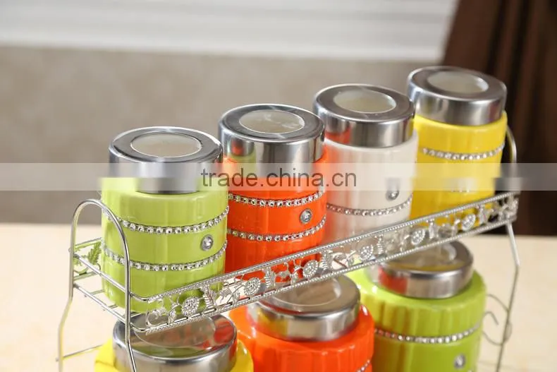kitchenware useful ceramic canister set with stainless metal stand