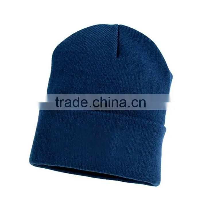 Navy stitching knitted custom acrylic beanie with logo embroidery