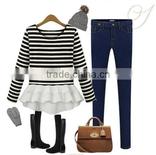 Autumn latest design round neck ivory long sleeve chiffon stitching knitting striped printing t shirt design