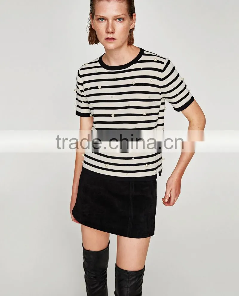 Guangzhou Shandao Garment OEM Service New Design Beaded Style 160g 100% Cotton Short Sleeve O-Neck Striped Women's T Shirts