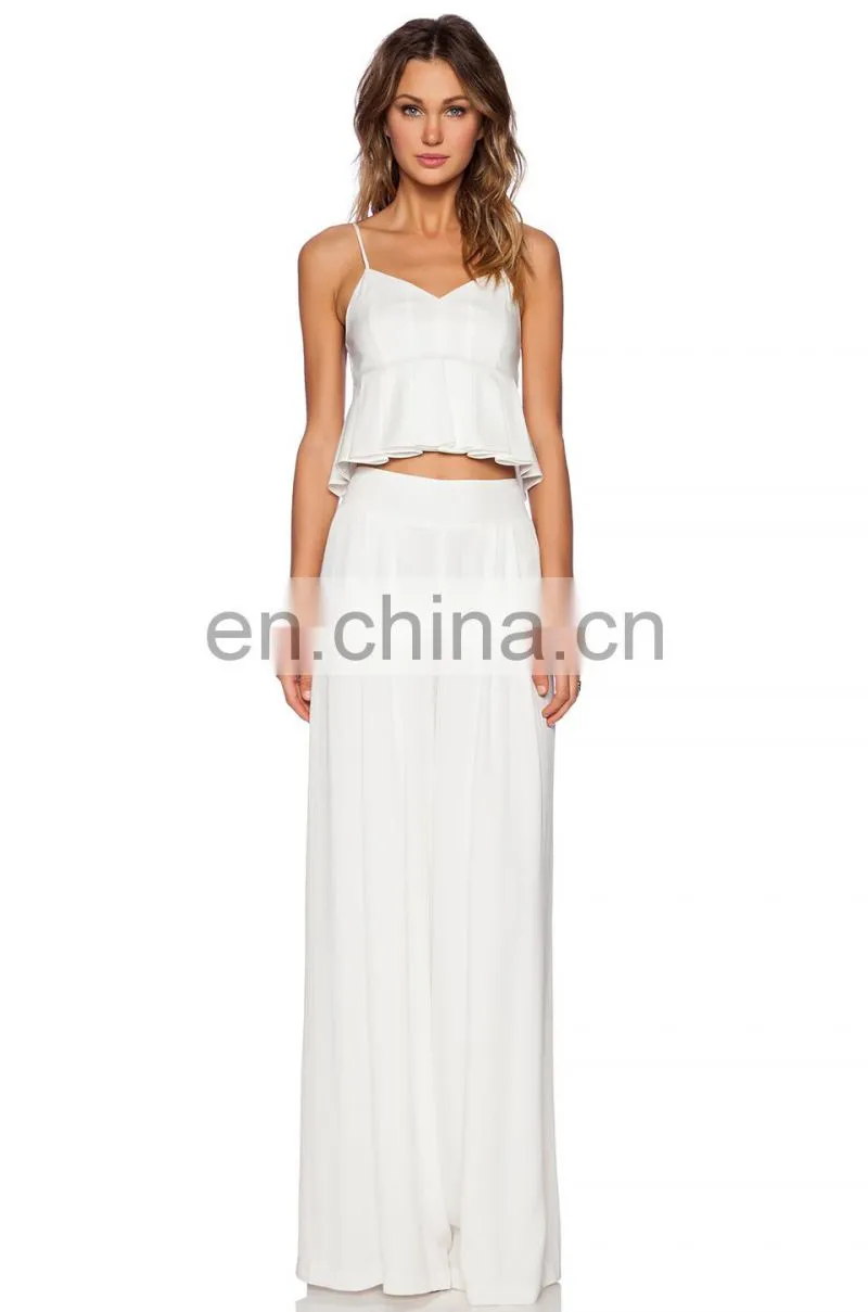 Pleated Hem with Back Zipper White Cropped Tops