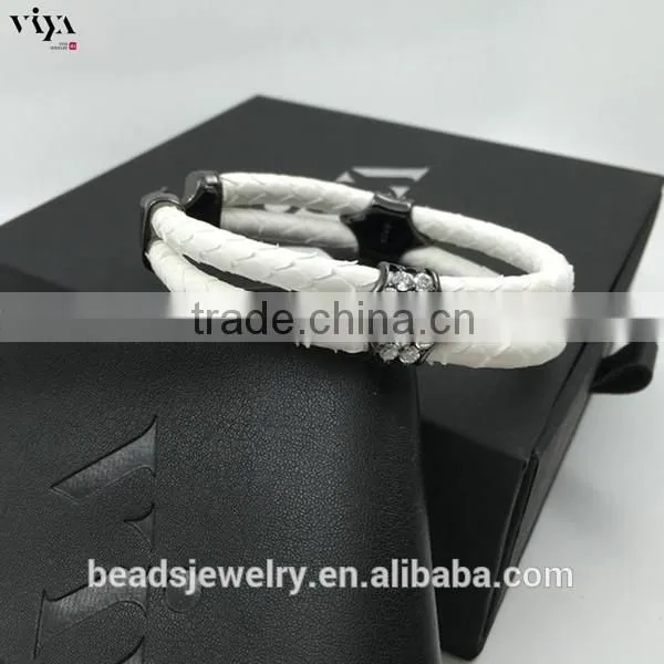2016 New Custom Men Double Leather Stingray Rose gold Black Stone Bracelet