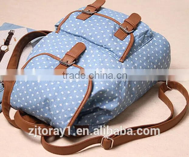 cotton canvas backpack travel bag school bag blue heart dotted