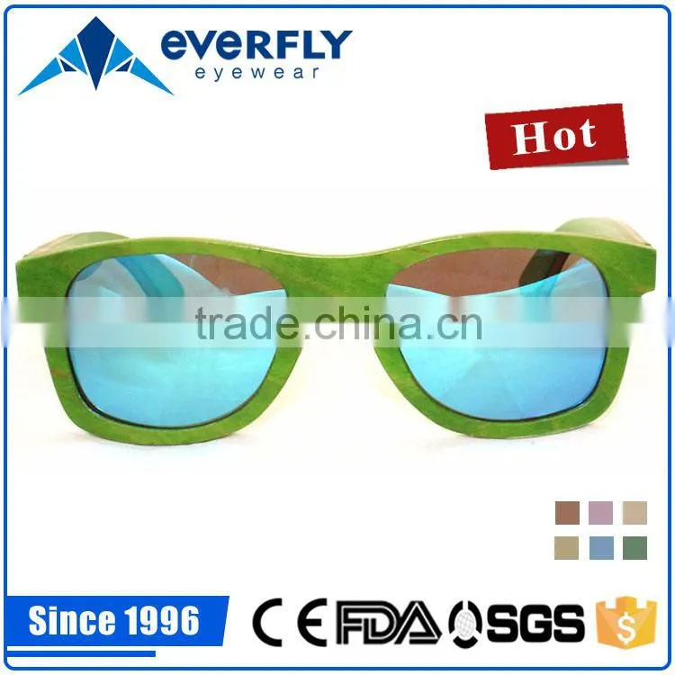 Green colorful printed natural bamboo sunglasses with silver mirror polarized lenses