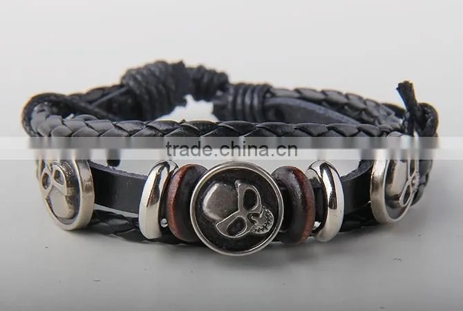 Vintage Skull Accessory Charm Black Genuine Leather Bracelets
