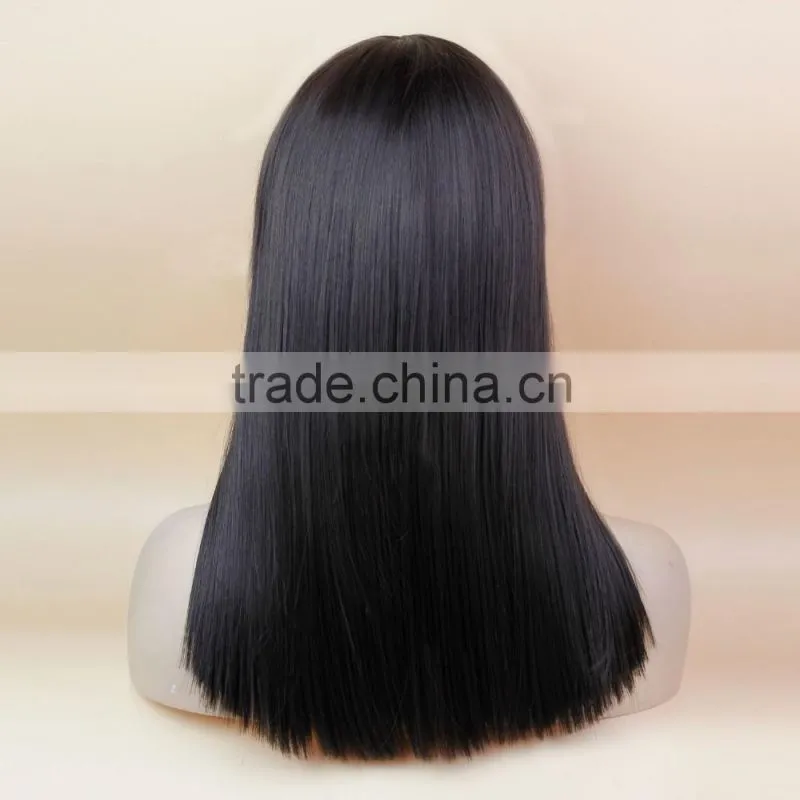 long straight style bob synthetic wig with full bangs black color