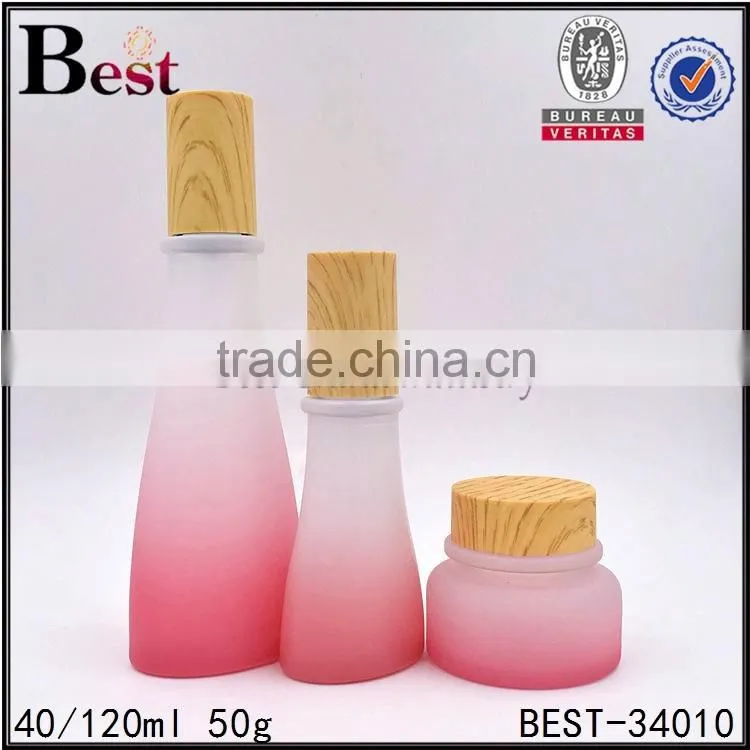 50g empty pink color glass cream jar with bamboo screw cap