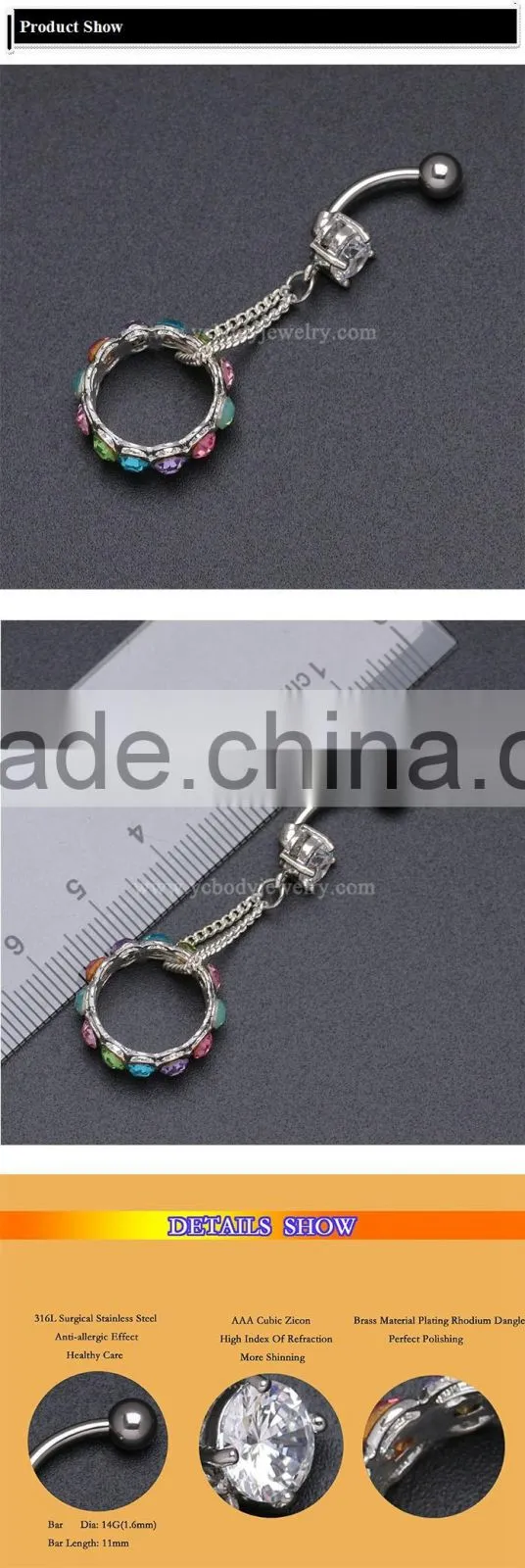 New Design Body Chain Linked Rainbow Ring Dangle Charm Belly Button Piercing Rings