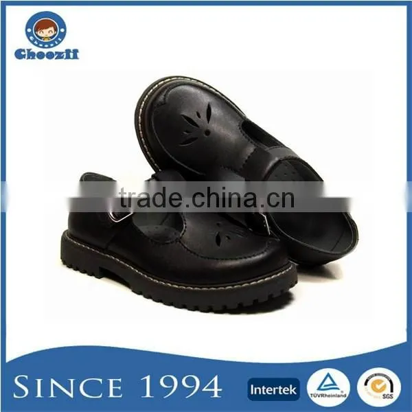 Wide Size Customized Pure Black Buckle Children School Shoes