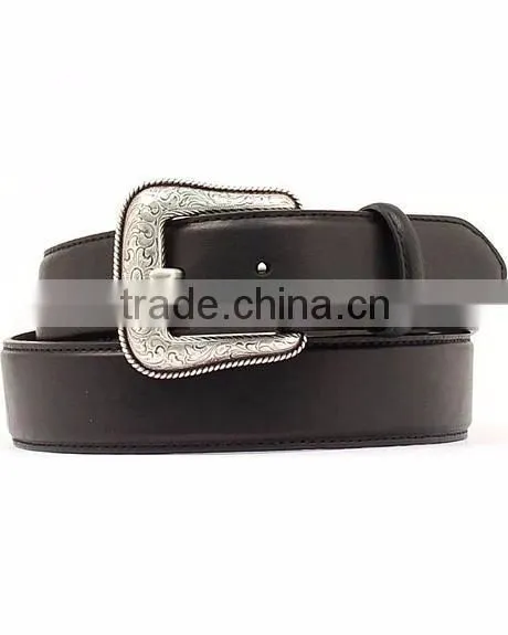 100% Genuine Leather silver-tone buckle men's Black smooth Leather Belt