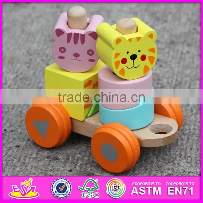 2015 Hot sale Wooden Blocks Train Set Toys Animal Vehicles Toys,Cute wooden animal blocks train toy,Pull Line Train Toy W04A066