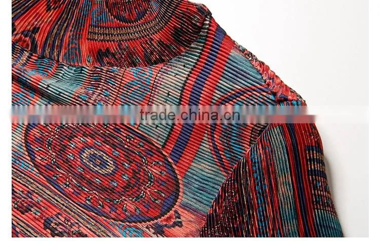 Women drape vintage printed retro style long sleeve dresses