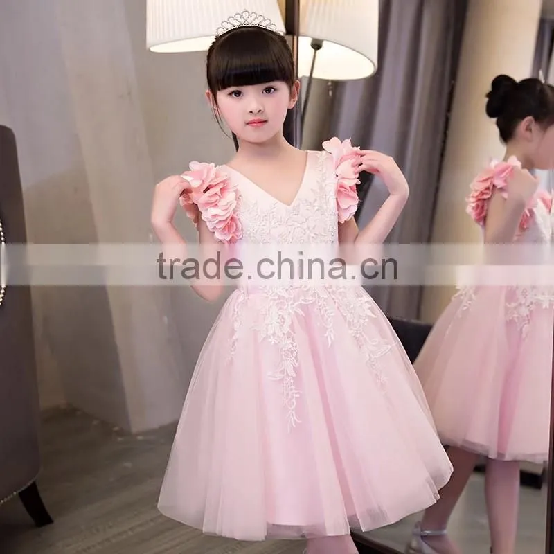 New baby frock design 2017 sleeveless Pink and Gray Embroidery flower V collar Vietnam party dresses Chiffion wedding dresses