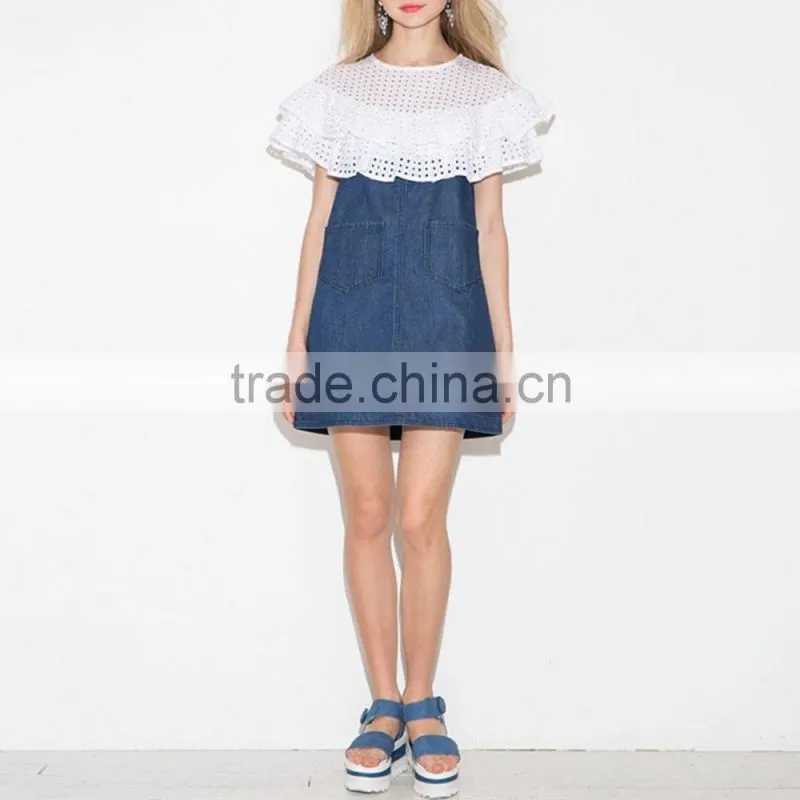 New Latest Girls Sweet Ruffle Mesh Casual Denim Mini Dress Women Patchwork Designs For Dresses