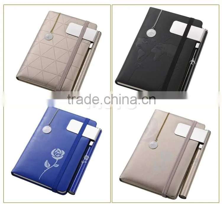 PU notebook rubber bans thin metal bookmark clamp steel pen gift set