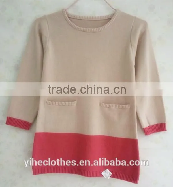Contrast color knitting wear girls' pockets sweater dress