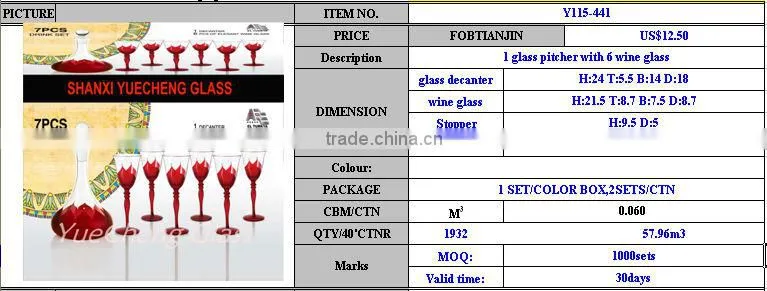Elegant wholesale glass wine decanter set with 6 wine glasses