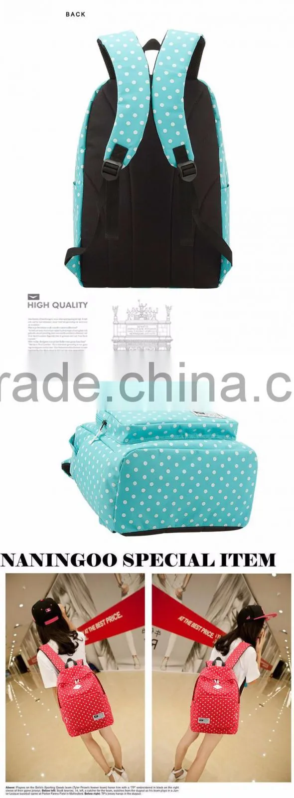 leisure school students shoulder bag for polyester backpack with dot bag