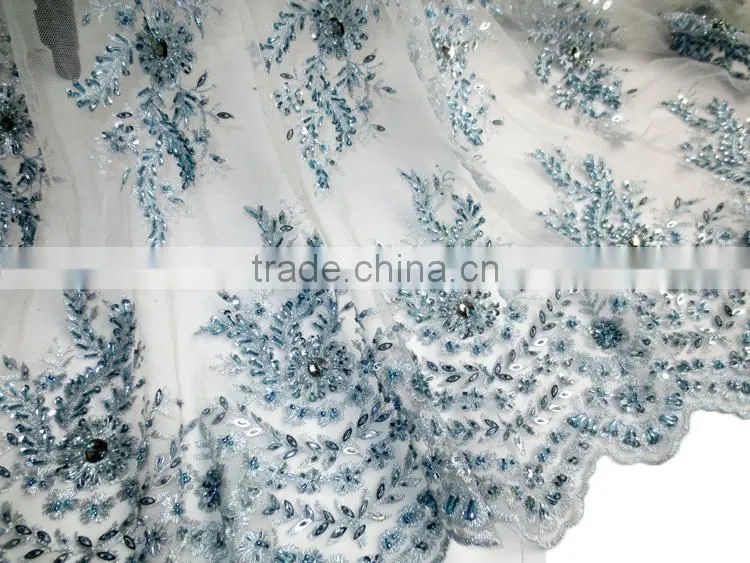 2015 New arrival high quality french net beaded lace fabric turquoise blue french lace fabric
