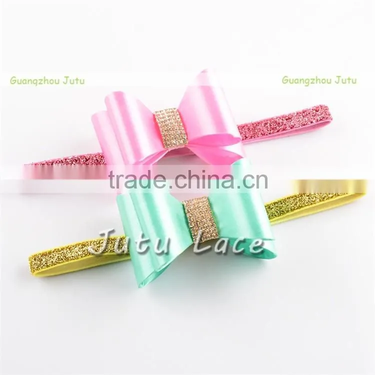 Satin bow with crystal rhinestone center - sequin fabric hair bowknot - DIY kids hair accessories flower bows