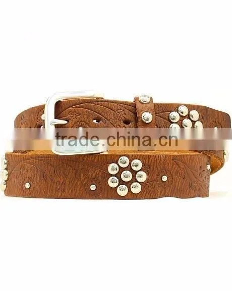 Western Brown Belt Embossed With Floral Silver-tone Studs Floral Studded Belt