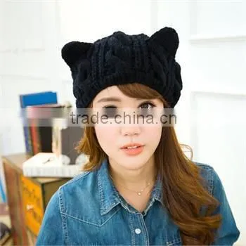 1x Braided Women Winter Warm Beanie Devil Horns Cat Ear Crochet Knit Ski Cap Hat