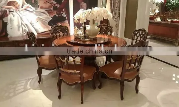 Vintage Royal Style Round Dinning Table With Six Chairs Noble Castle Carved Wooden Dinning Room Furniture