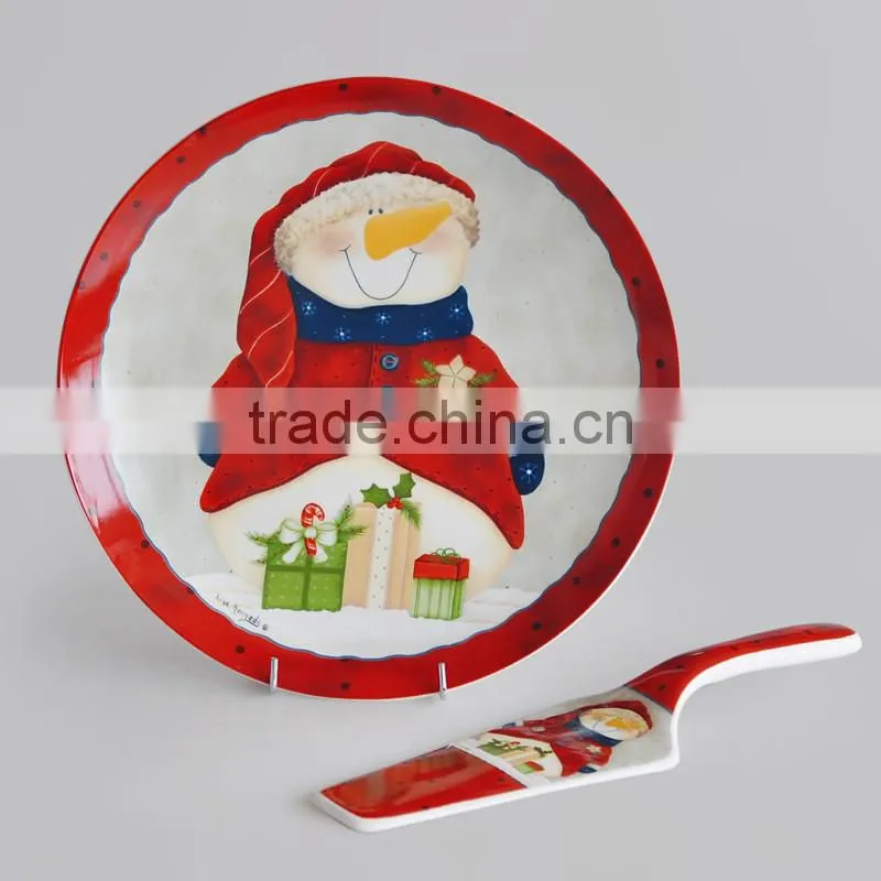 12" porcelain cake plate with server,ceramic plate with server,porcelain Christmas plate