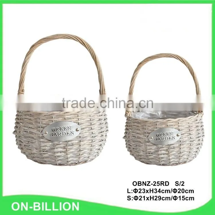 Grey color natural wicker material flower girl basket with plastic liner