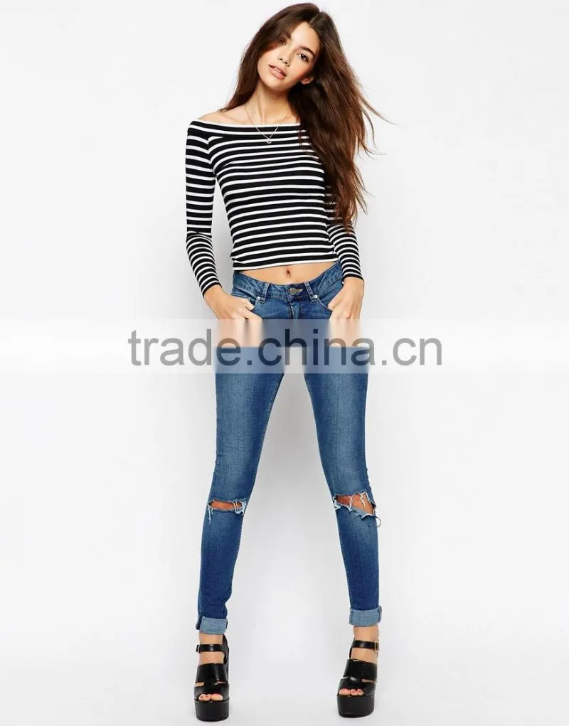 New factory design Off-shoulder Top With Bardot Neck In Stripe