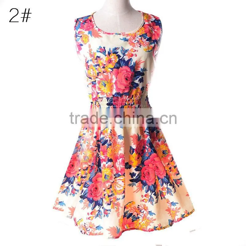 2015 spring summer new Korean style Women clothing casual Bohemian floral leopard sleeveless vest printed beach chiffon dress