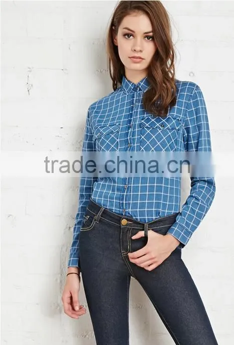 2015 custom women's blue plaid long sleeve 100% cotton flannel shirt