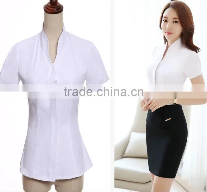 2017 korean design pure color short sleeve polyester & cotton mix ladies tops fashion women blouse