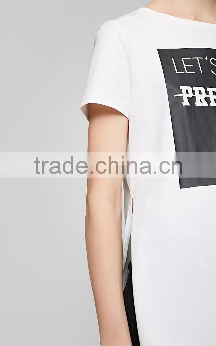 Women's English pattern high quality cotton long printing casual t shirt with high split sides