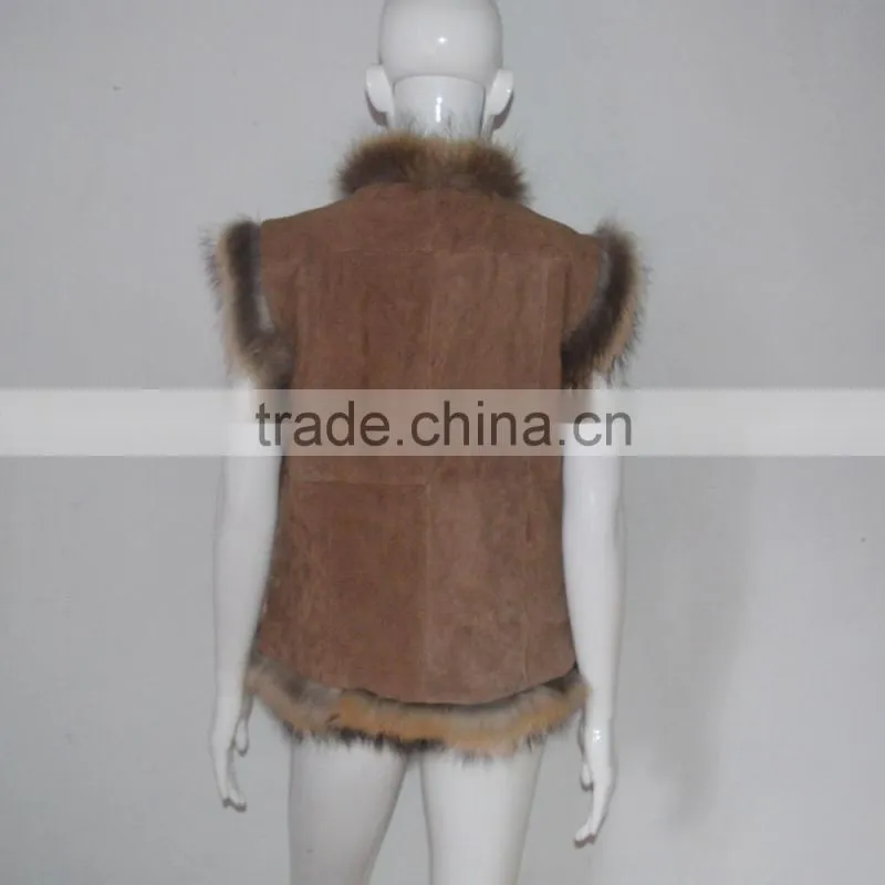 SJ185-01 UK Design Tongxiang Fur Big Raccoon Collar Suede Vests