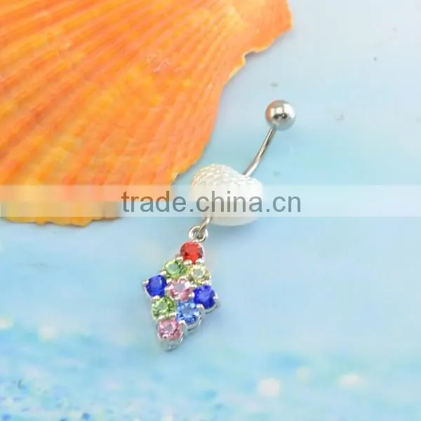BR01820 medical steel fake shell dangle multi-colour gems flat navel belly rings