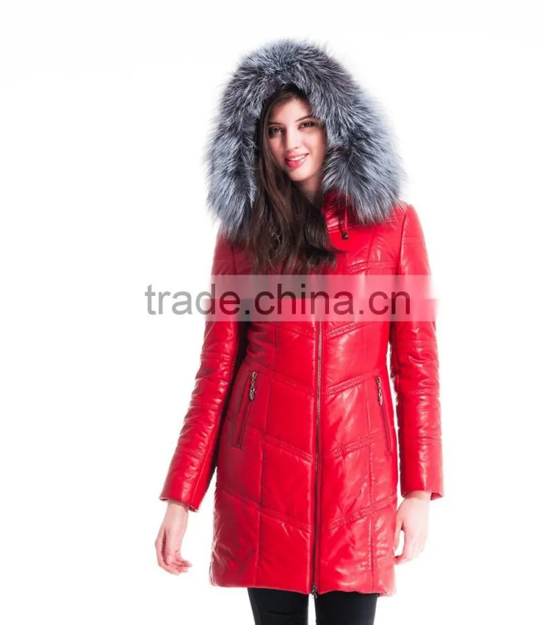 New 2016 Women Winter Leather Jacket Medium Length Slim Fit Coat With Brown Fox Fur Hat Overcoat