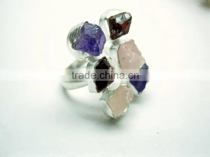 Rose Quartz & Tourmaline Multi Stone Rough Bracelet, 925 Solid Sterling Silver Bracelet, Designer Gemstone Raw Bracelet
