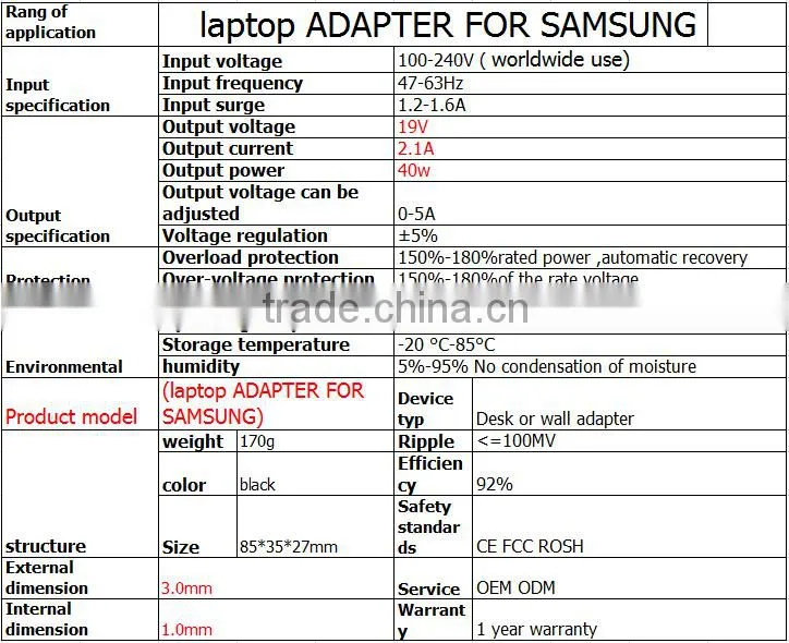 40W for samsung laptop charger 19V 2.1A 3.0*1.0 Super polar power supply ac dc power adapter supply