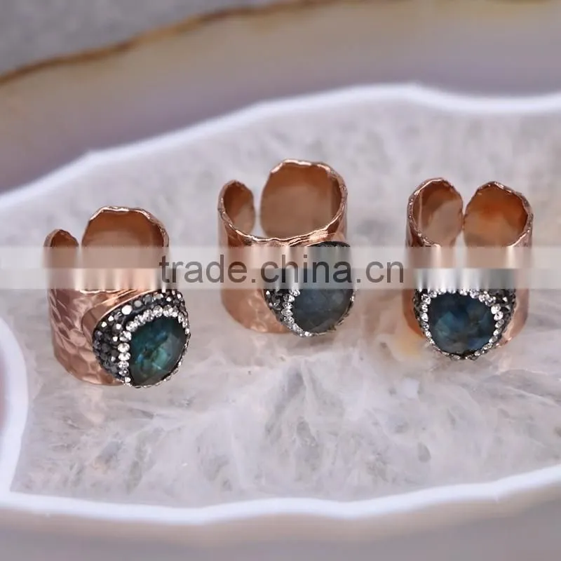 Natural Labradorite Ring, Metal Plated Silver Ring, Pave Setting Crystal Jewelry Finger Druzy Gem stone Ring