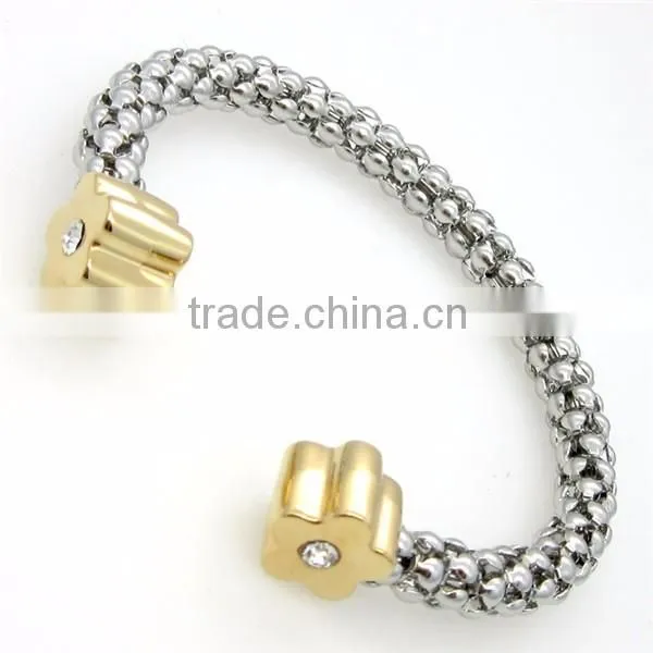 Trendy Women Two Tone Stainless Steel Cuff Bracelet Crystal Flower Bangle Jewelry