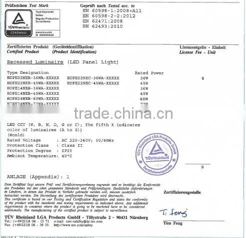 5 years warranty ETL TUV led flat panel lighting 62x62 48w 4700lm
