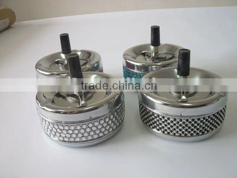 round metal ashtray, spin stainless steel ashtray with rhinestone